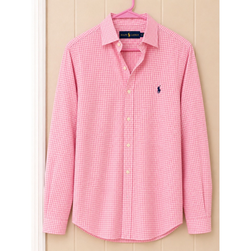 Ralph Lauren Mens Pink Gingham Check Button Down Shirt 16.5 34/35 Large